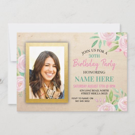 Invitation Fête d'anniversaire Photo rose fleurs florales Inv (Devant)
