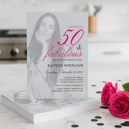 Invitation Fête d'anniversaire Photo Script Rose 50 ans et Fa