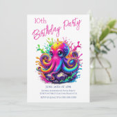 Invitation Fête d'anniversaire - Pieuvre colorée éclaboussure (Debout devant)