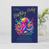 Invitation Fête d'anniversaire - Pieuvre colorée éclaboussure (Debout devant)