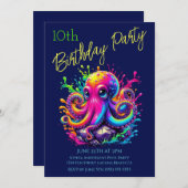Invitation Fête d'anniversaire - Pieuvre colorée éclaboussure (Devant / Derrière)