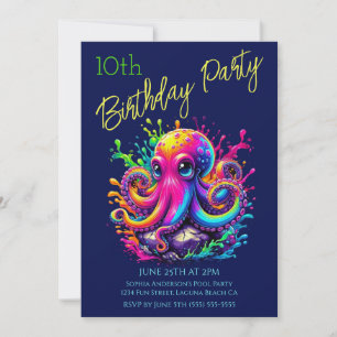Invitation Fête d'anniversaire - Pieuvre colorée éclaboussure