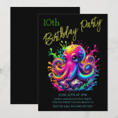 Invitation Fête d'anniversaire - Pieuvre colorée éclaboussure (Devant / Derrière)
