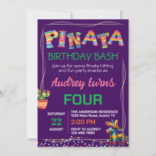 Invitation Fête d'anniversaire Pinata (Devant)