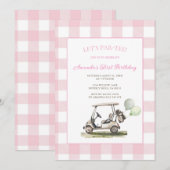 Invitation Fête d'anniversaire Pink Gingham Let's Par-Tee Gol (Devant / Derrière)