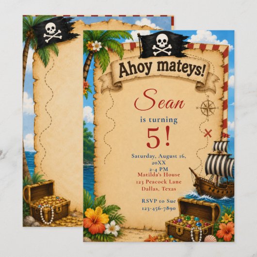 Invitation Fête d'anniversaire pirate (Devant / Derrière)
