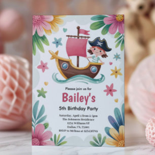 Invitation Fête d'anniversaire Pirate Fille 5 ans Watercolor
