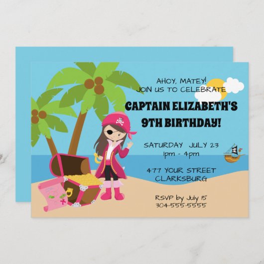 Invitation Fête d'anniversaire Pirate Rose (Devant / Derrière)