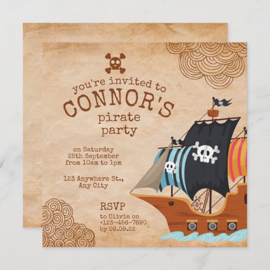 Invitation Fête d'anniversaire pirate rustique avec vieux bat (Devant / Derrière)