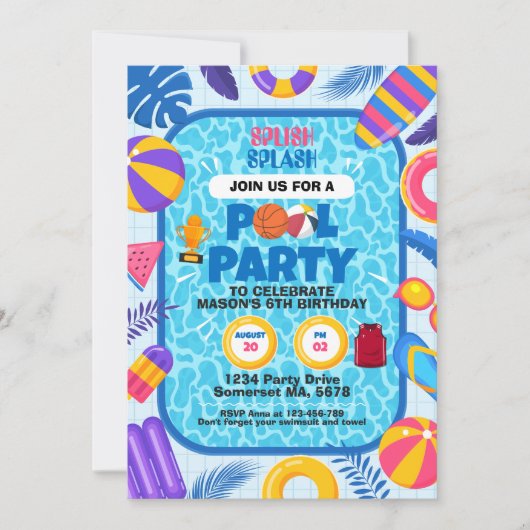 Invitation Fête d'anniversaire Piscine Basket (Devant)