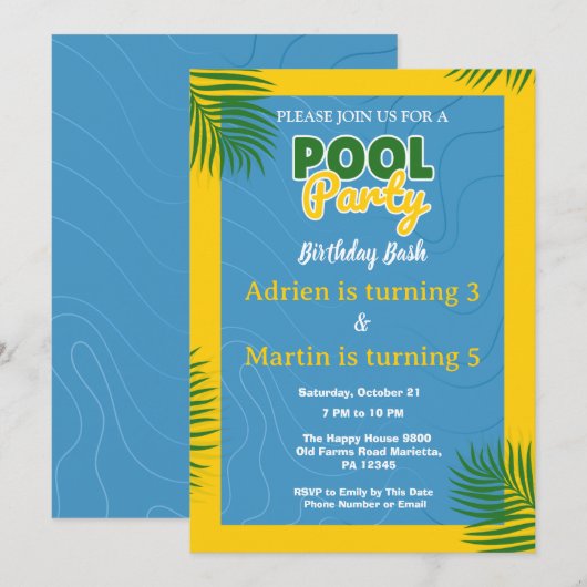 Invitation Fête d'anniversaire piscine cool (Devant / Derrière)