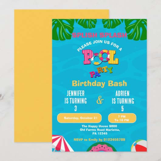 Invitation Fête d'anniversaire piscine éclaboussures (Devant / Derrière)