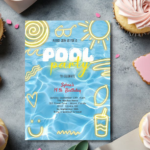 Invitation Fête d'anniversaire piscine été vibes néon