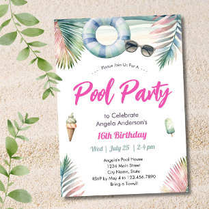 Invitation Fête d'anniversaire piscine pour un Sweet Sixteen