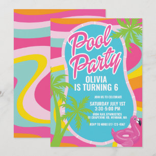 Invitation fête d'anniversaire piscine tourbillon malibu rose