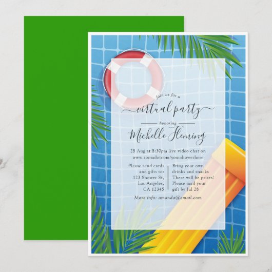 Invitation Fête d'anniversaire Piscine Virtuelle Tropicale (Devant / Derrière)