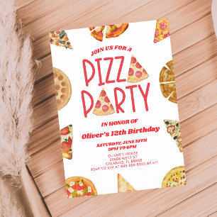 Invitation Fête d'anniversaire Pizza Aquarelle Rouge