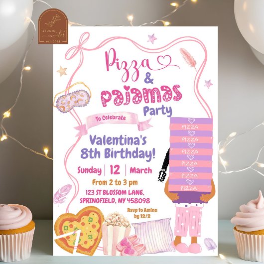 Invitation Fête d'anniversaire Pizza et Pyjamas Fille Afro av