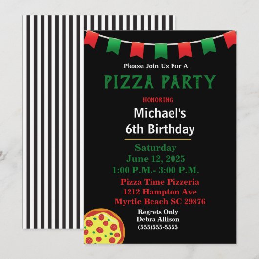 Invitation Fête d'anniversaire pizza pour enfants (Devant / Derrière)