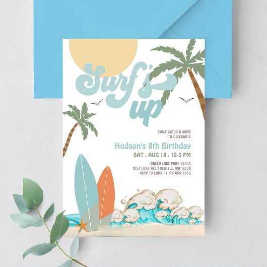 Invitation Fête d'anniversaire plage garçon surf surfant TOUS