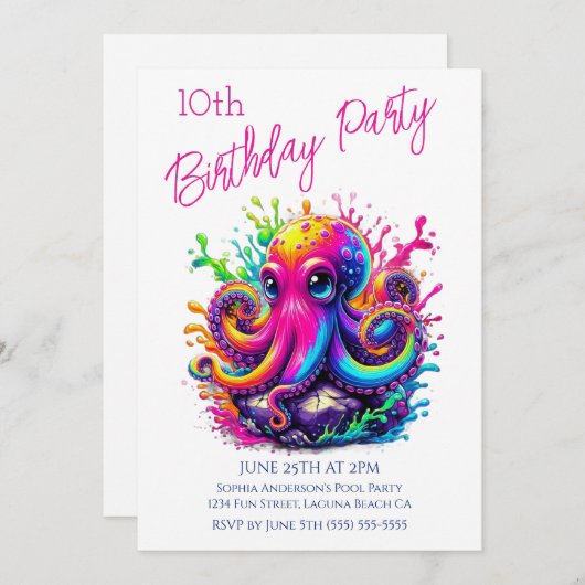 Invitation Fête d'anniversaire - Plongeon de pieuvre colorée (Devant / Derrière)