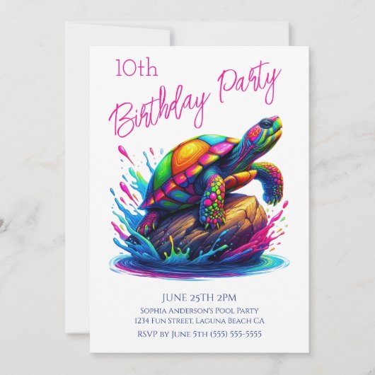 Invitation Fête d'anniversaire - Plongeon Tortue Coloré (Devant)