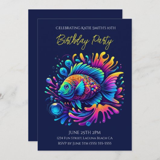 Invitation Fête d'anniversaire - Poisson coloré (Devant / Derrière)