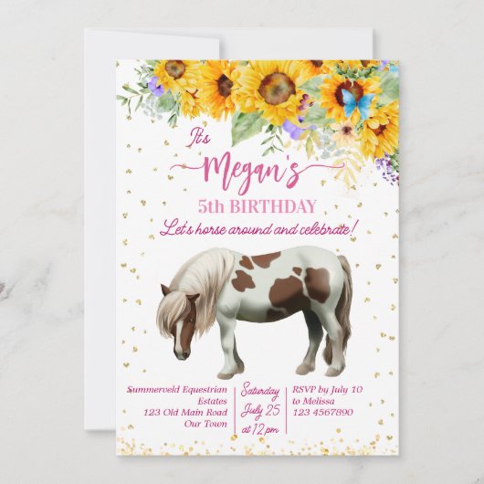 Invitation Fête d'anniversaire Pony tournesols parties scinti (Devant)