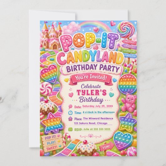 Invitation Fête d'anniversaire Pop-It Candyland (Devant)