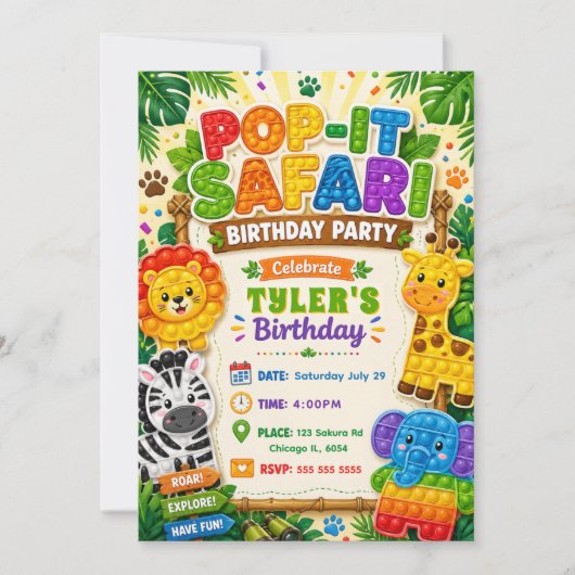 Invitation Fête d'anniversaire Pop It Safari (Devant)