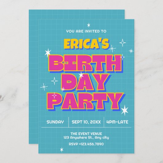 Invitation Fête d'anniversaire pop rétro (Devant / Derrière)