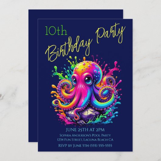 Invitation Fête d'anniversaire - Poulpe colorée (Devant / Derrière)