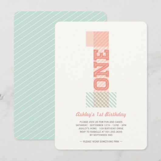 Invitation Fête d'anniversaire pour bébé fille avec rayures e (Devant / Derrière)