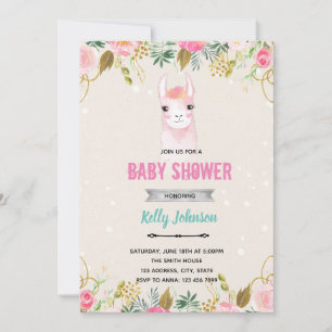 Invitation Fête d'anniversaire pour bébé lama floral