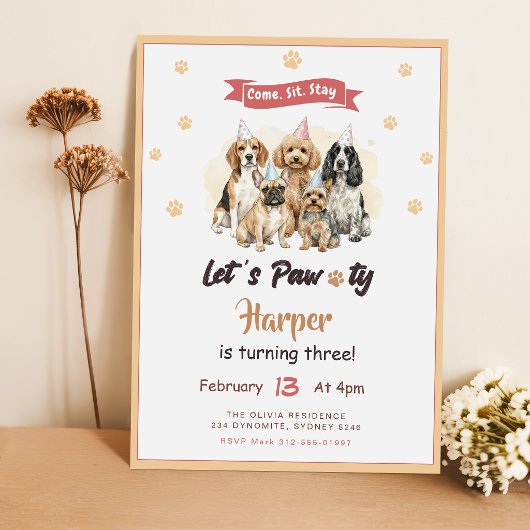 Invitation Fête d'anniversaire pour chiot mignon moderne