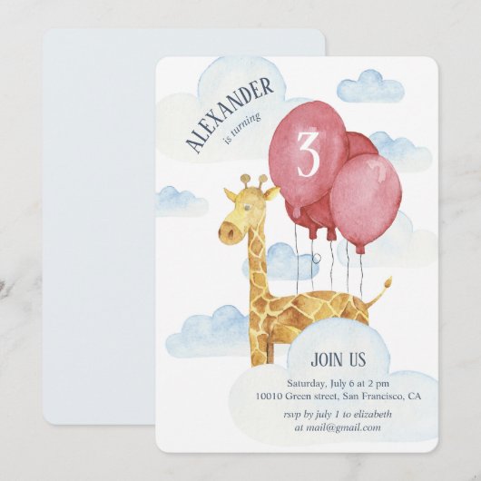 Invitation Fête d'anniversaire pour enfant. Girafe dans le ci (Devant / Derrière)