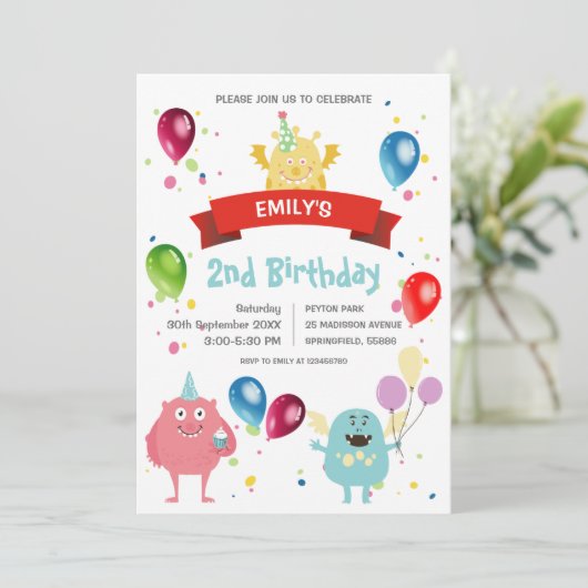 Invitation Fête d'anniversaire pour enfants avec monstre past (Debout devant)