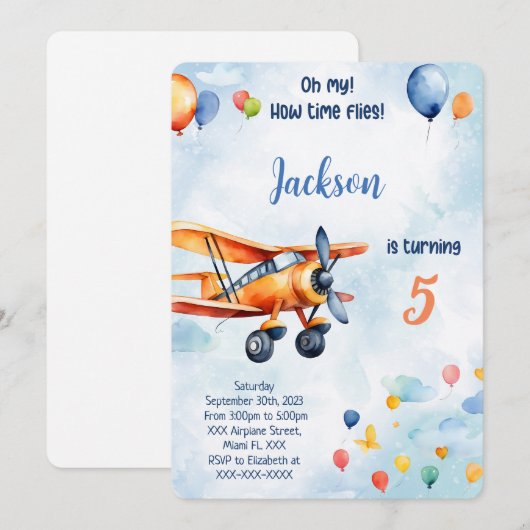 Invitation Fête d'anniversaire pour enfants Avion Orange (Devant / Derrière)