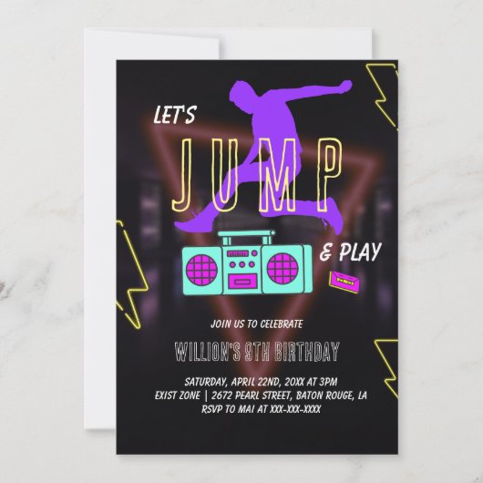 Invitation Fête d'anniversaire pour enfants Neon Let's Jump K (Devant)