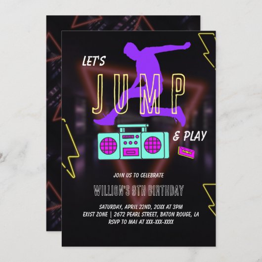 Invitation Fête d'anniversaire pour enfants Neon Let's Jump K (Devant / Derrière)