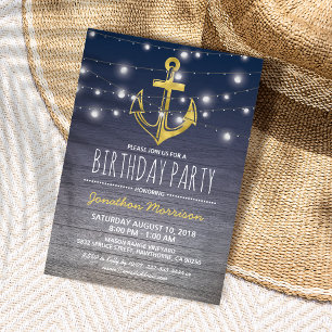Invitation Fête d'anniversaire pour homme Bleu Nautique Or Ru