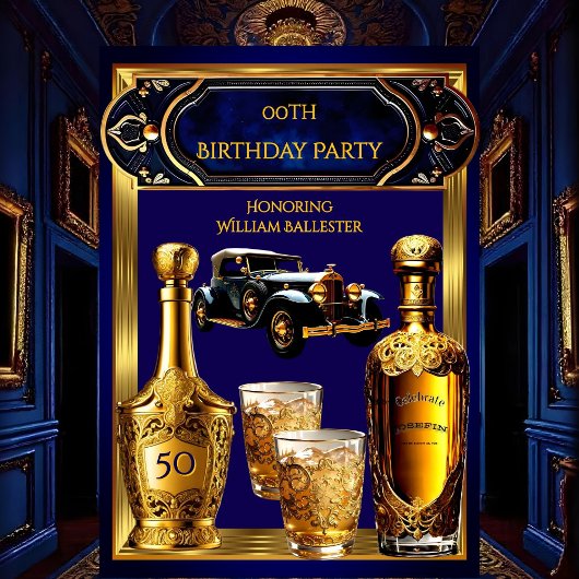 Invitation Fête d'anniversaire pour hommes Gold Blue Vintage