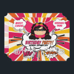 Invitation Fête d'anniversaire pour les filles Super Kids Pin<br><div class="desc">Invitation de fête d'anniversaire à thème pour héros de bande dessinée en couleurs vives et audacieuses de rose,  orange et jaune avec texte personnalisé sur le devant de la carte pour une touche personnelle.</div>