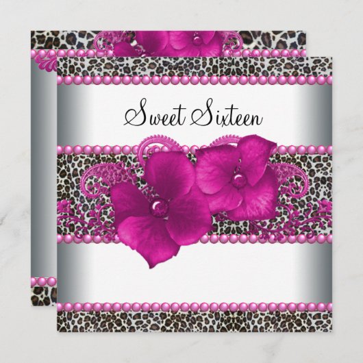 Invitation Fête d'anniversaire pour les seize ans Rose vif et (Devant / Derrière)