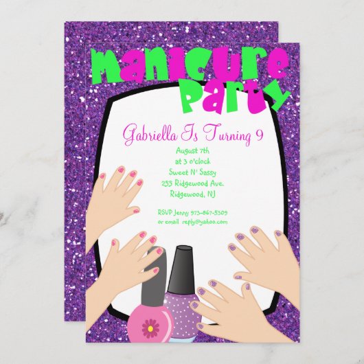 Invitation Fête d'anniversaire pourpre de spa de manucure de (Devant / Derrière)