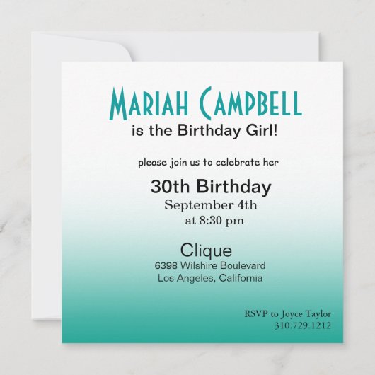 Invitation Fête d'anniversaire Pretty Lady Cocktail en turquo (Dos)