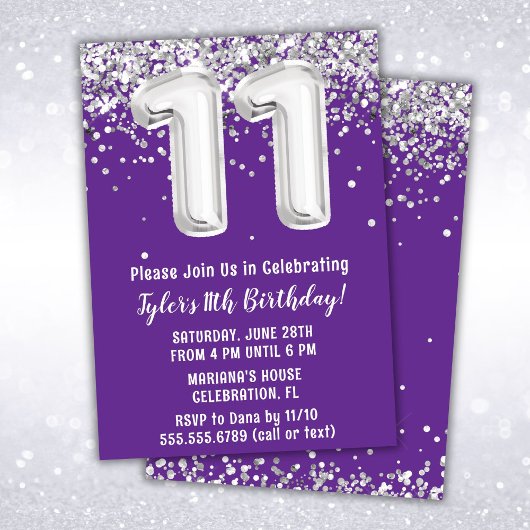 Invitation Fête d'anniversaire Purple Silver 11 ans