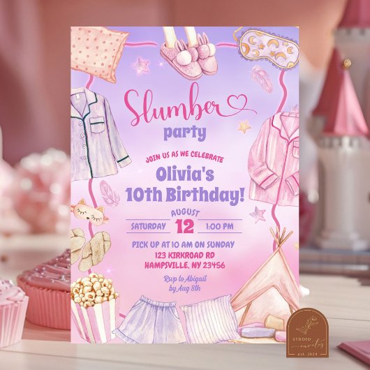 Invitation Fête d'anniversaire pyjama rose et violet