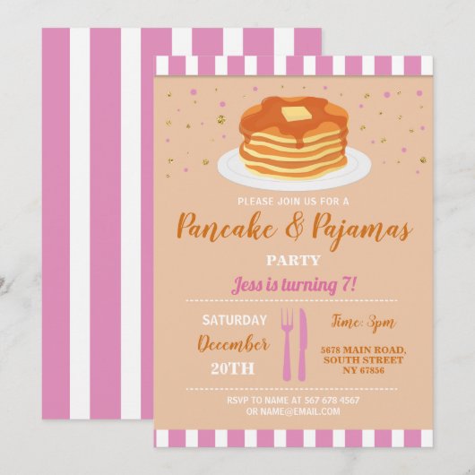 Invitation Fête d'anniversaire Pyjamas et Crêpes (Devant / Derrière)