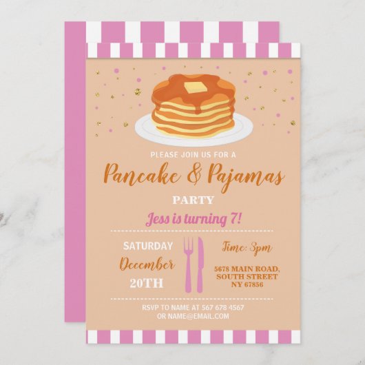 Invitation Fête d'anniversaire Pyjamas et Pancakes Soirée Pyj (Devant / Derrière)